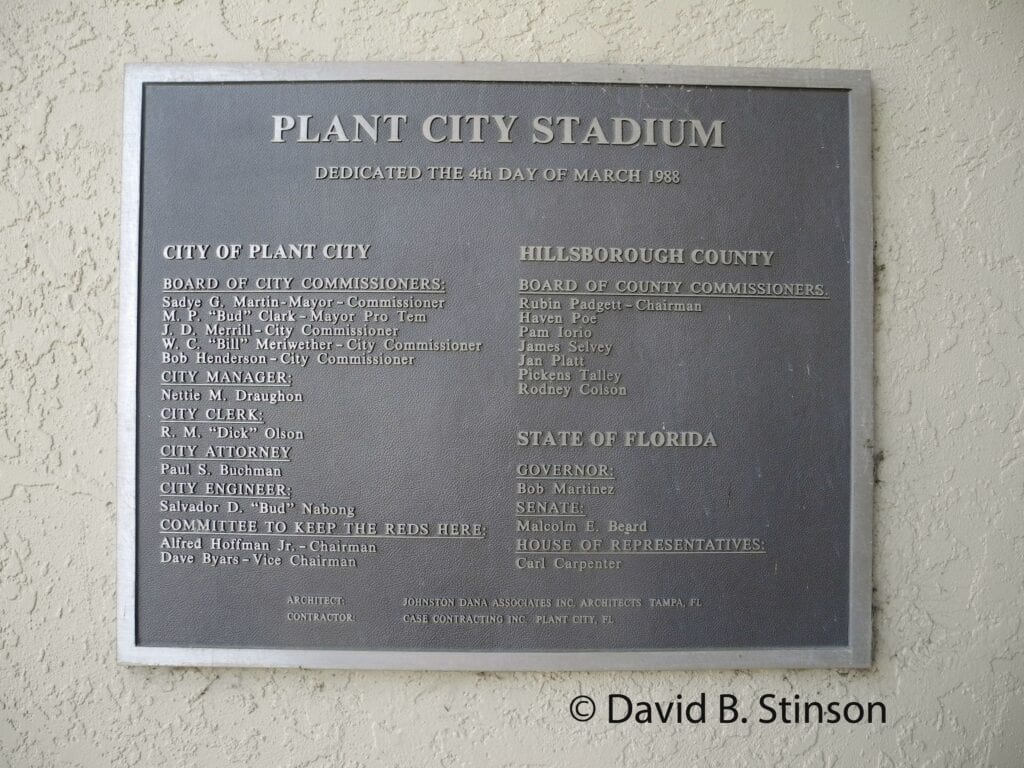 A dedication plaque for the Plant City Stadium