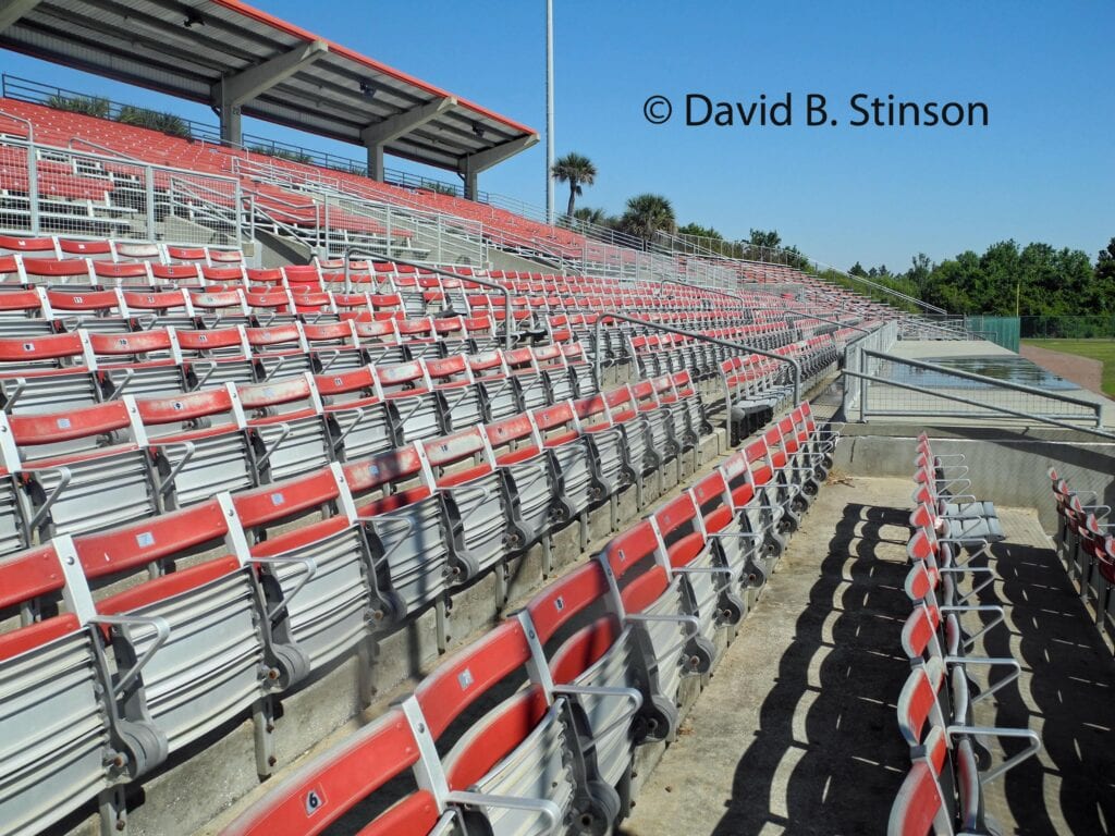 Rows of red seats at Plant City Stadium