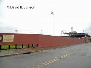 The left field fence at Engel Stadium