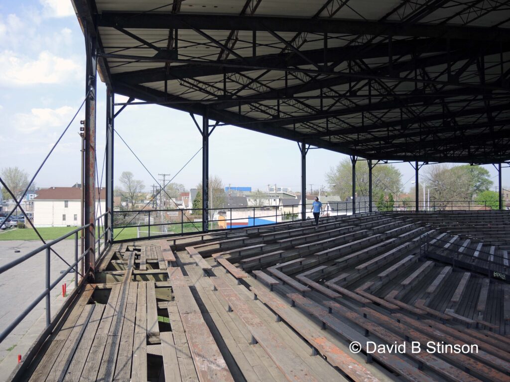 Broken wooden platforms on the Hamtramck Stadium