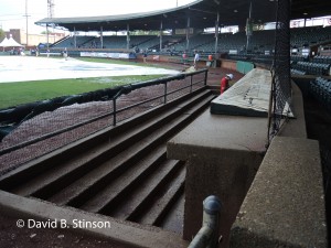 An angled view on the third base dugout at Bosse Field