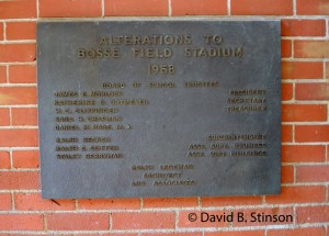The plaque honoring 1958 renovation of Bosse Field