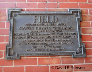 The plaque honoring 1930 renovation of Bosse Field,
