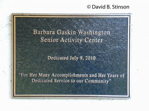 A plaque dedicating the Barbara Gaskin Washington Senior Activity Center