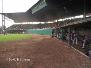 A press box above home plate and third base