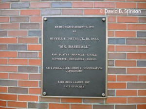 A plaque honoring 1997 ballpark rededication as Russell E. Diethrick, Jr. Park