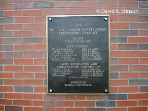 A plaque honoring 1984 Stadium renovation of College Stadium