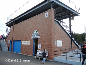 The grandstand exterior first base side of Diethrick Park