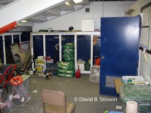 A locker room turned storage room