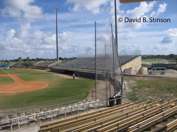The demolished third and first base and home plate grandstand
