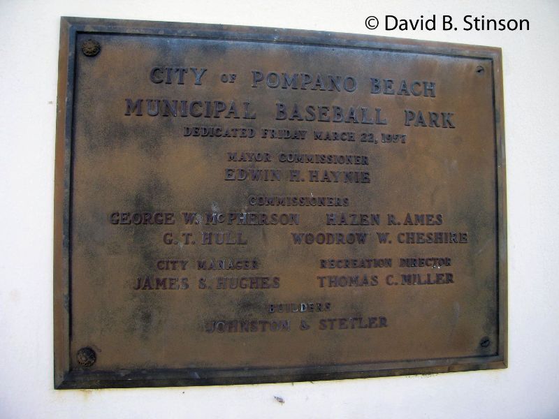The dedication plaque to the Pompano Beach Municipal Stadium