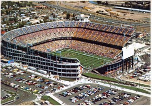 An aerial view of the Mile High Stadium