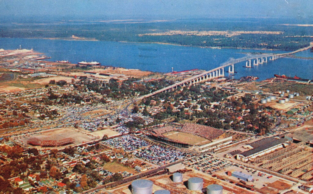 An aerial view of Baseball Park, Gator Bowl, and Matthews Bridge