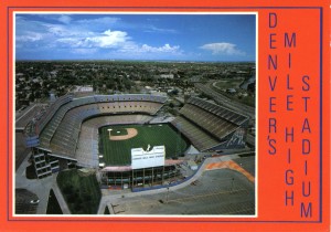 A postcard about the Mile High Stadium