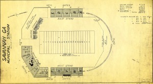 The blue prints detailing original Municipal Stadium layout