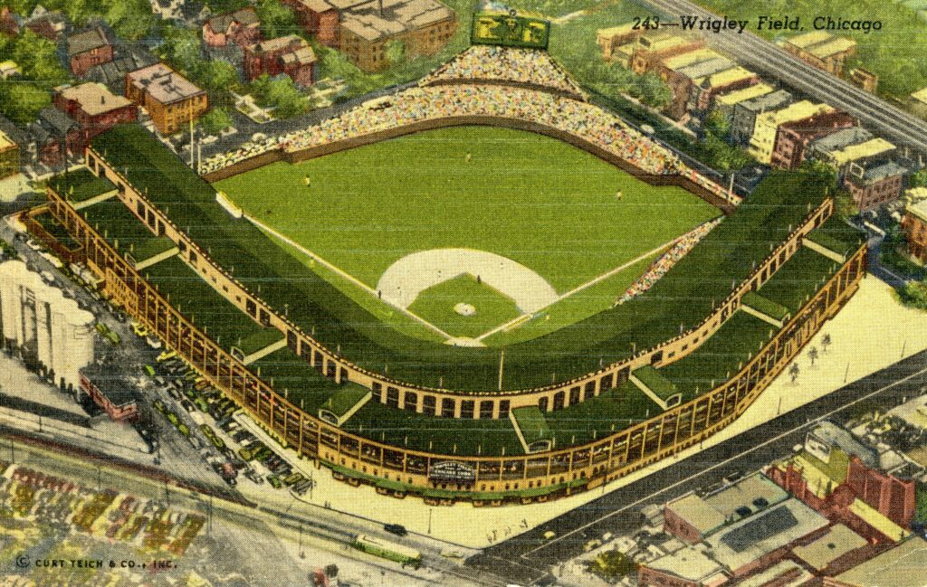 A postcard showing an aerial view of the Wrigley Field stadium