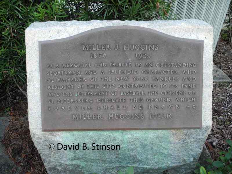 A plaque honoring Miller Huggins at Crescent Lake Park