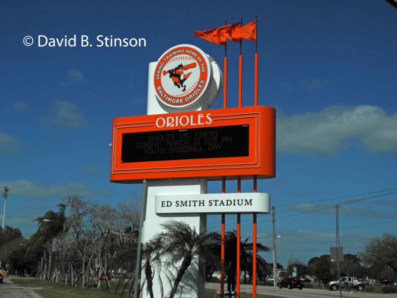 A red Ed Smith Stadium signage