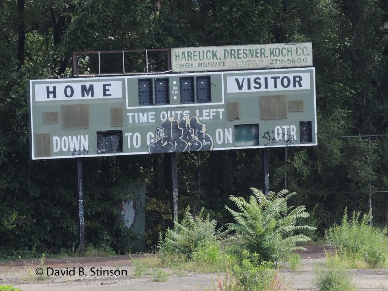 A broken Hinchliffe Stadium scoreboard