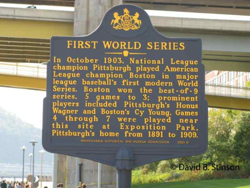 The historical marker honoring Exposition Park and the First World Series
