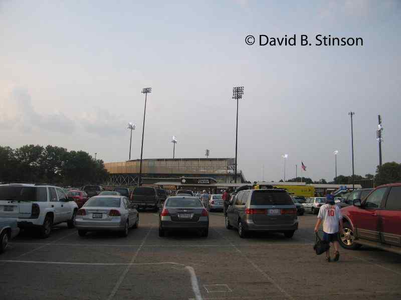 The exterior of the Cooper Stadium from the parking lot