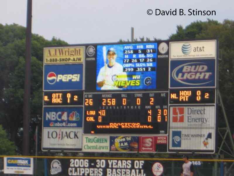 Columbus Clipper Will Nieves shown on the scoreboard