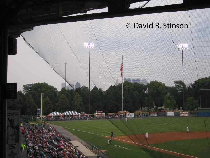 A view of the Columbus Skyline beyond the left field