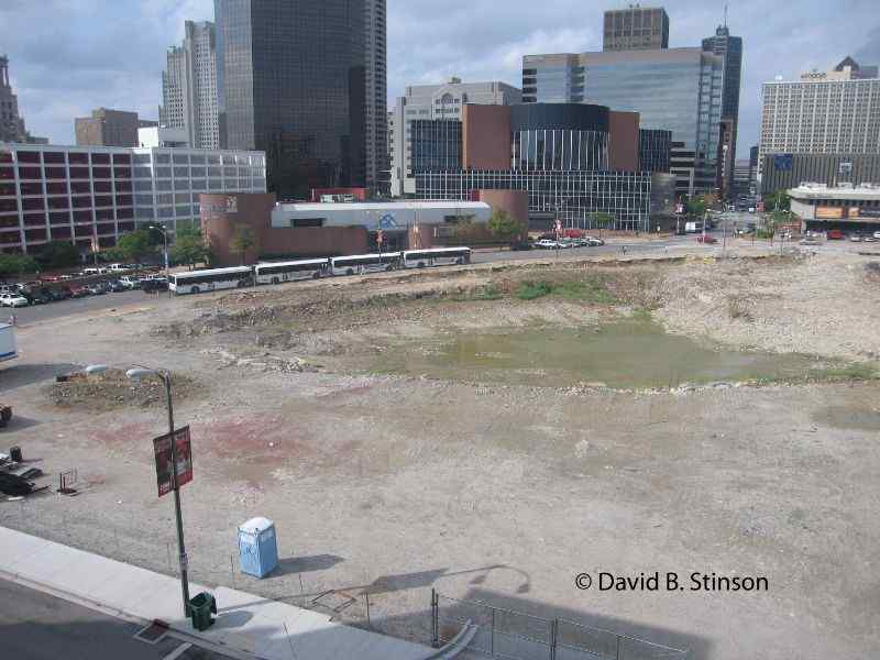 The former site of Busch Stadium at the left or center field