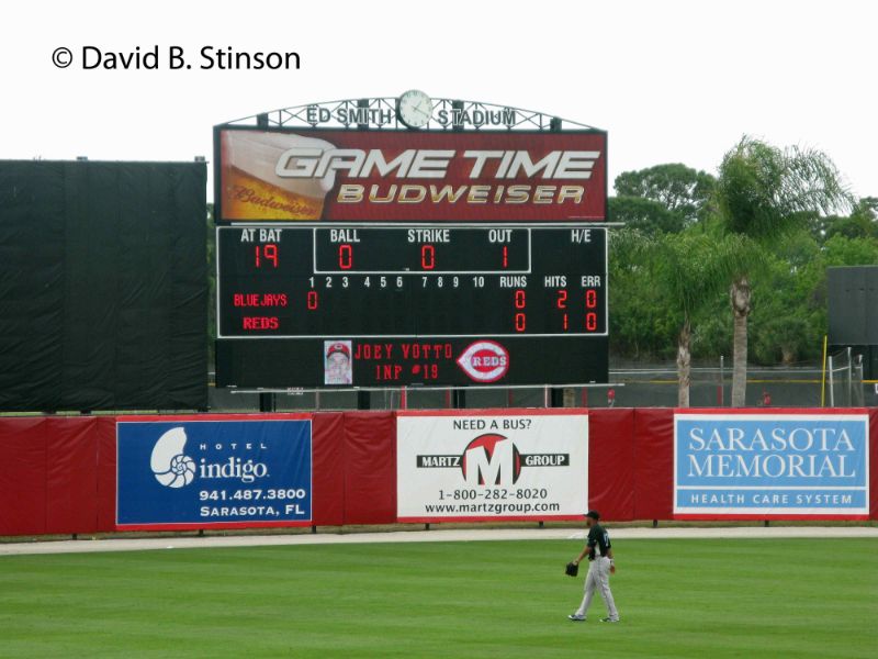 The Ed Smith Stadium scoreboard and player