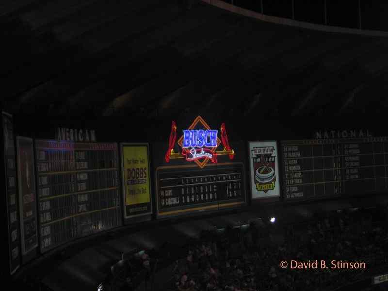 A Busch neon light above centerfield scoreboard