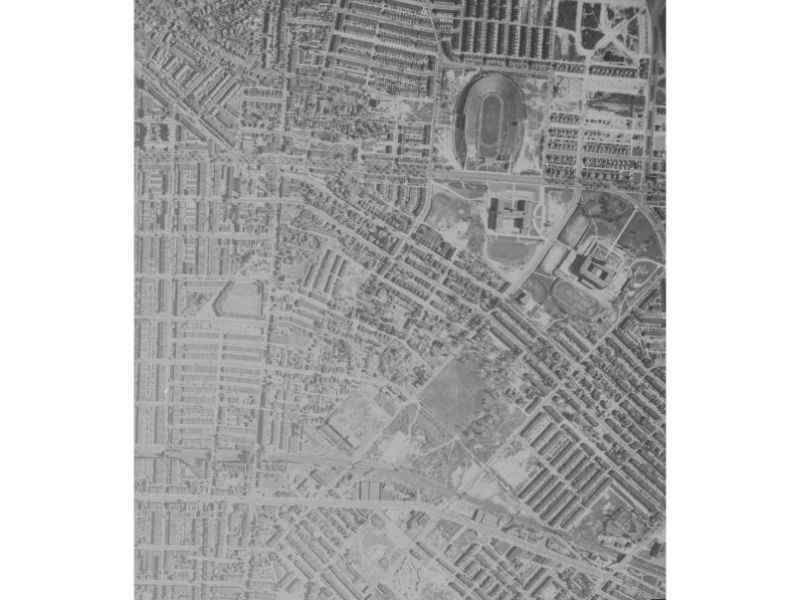 An aerial view of Oriole Park and Municipal Stadium in 1937