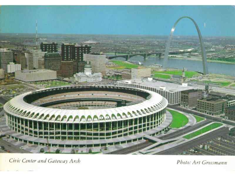 A postcard of the Civic Center and Gateway Arch