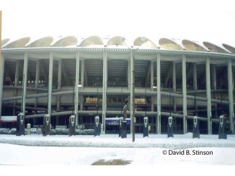 The Busch Stadium's Plaza of Champions covered in snow