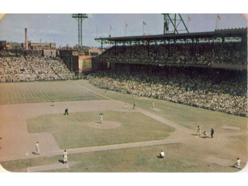 A postcard of Crosley Field and its first base grandstand