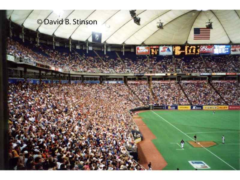 The view of the Metrodome's third base seating and left field grandstand