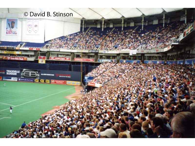 The view of the Metrodome's first base seating and right field grandstand