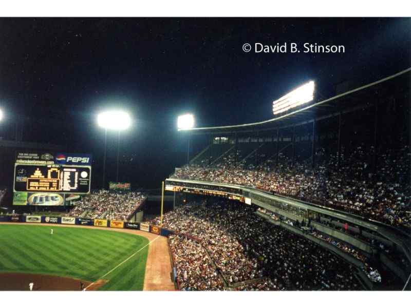 The Milwaukee County Stadium's right field grandstand and scoreboard