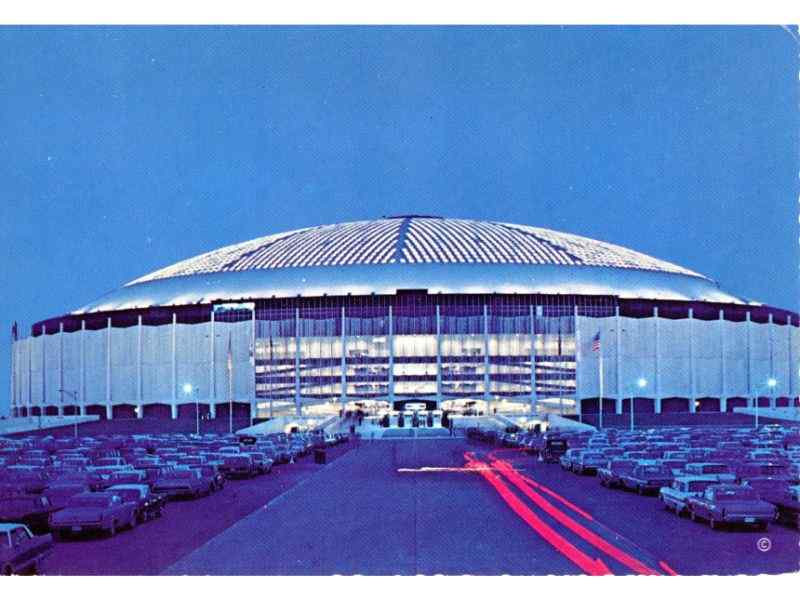 A view of the Houston Astrodome at twilight